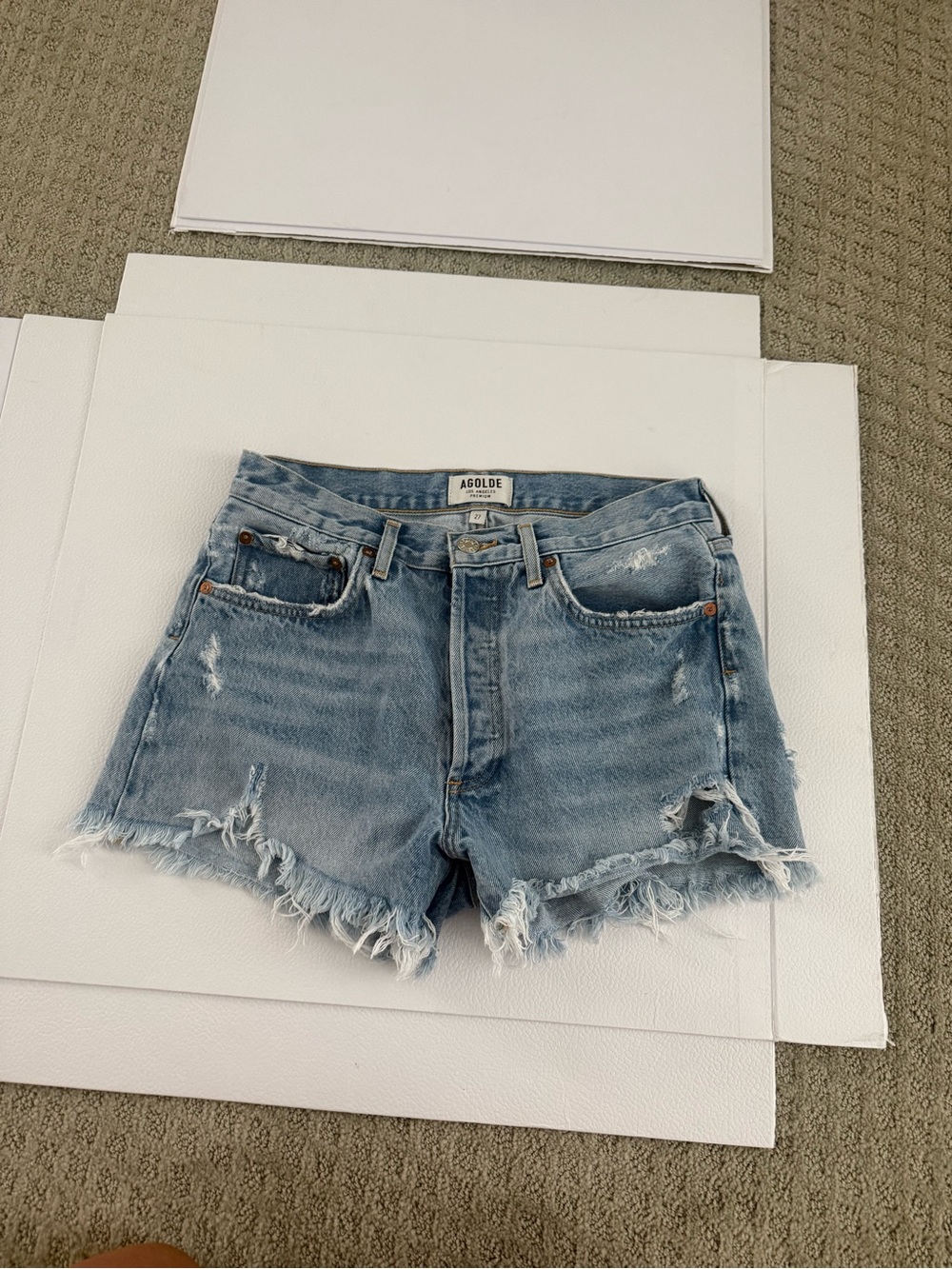 Agolde Light Blue Distressed High-Rise Denim Shorts